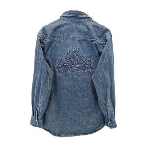Oregon Embossed Denim Shirt Jacket Men 2XL Western Mountain Chore Shacket PNW